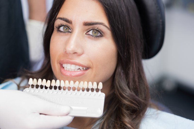 cosmetic dentist in Arlington using shade guide on patient